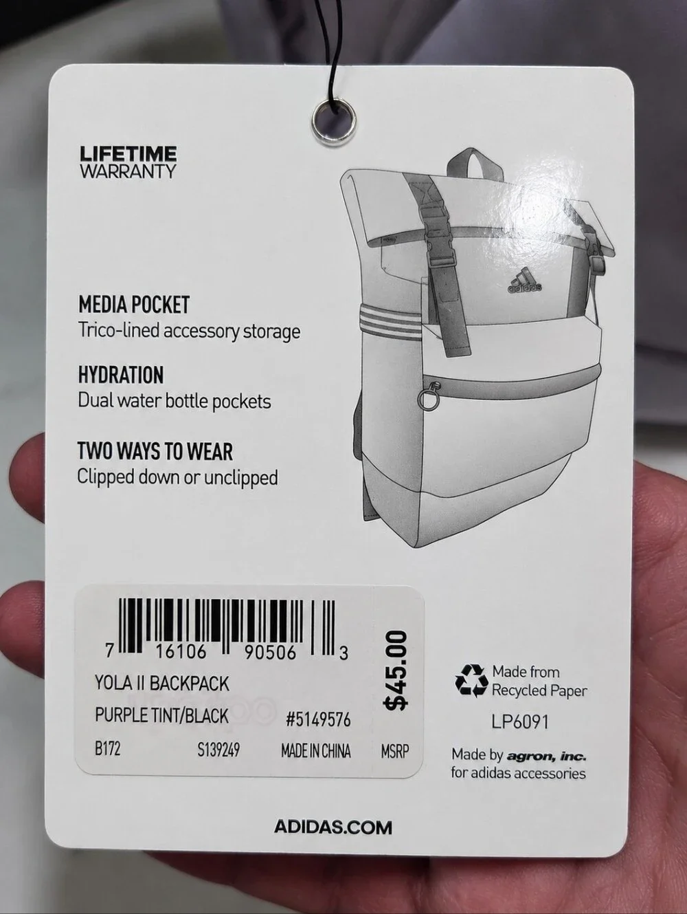 Adidas YOLA II Backpack Training Bag Lavender Roll-Top Backpack NWT - Picture 11 of 11